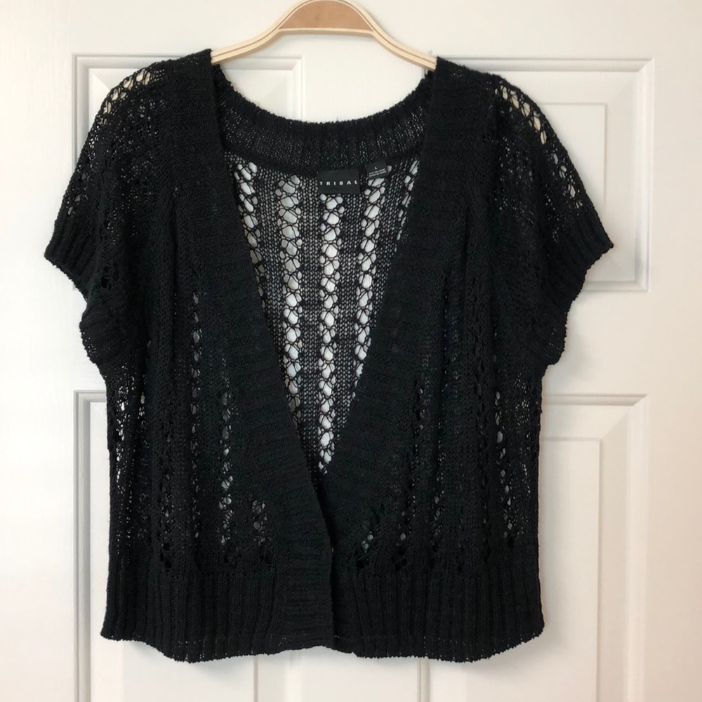 Tribal black short sleeve open weave sweater